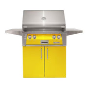 Alfresco freestanding grill with yellow cabinet doors and stainless steel finish