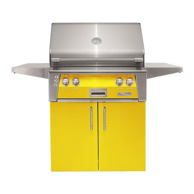 Alfresco freestanding grill with yellow cabinet doors and stainless steel finish