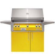 Alfresco freestanding grill with yellow cabinet doors and stainless steel finish