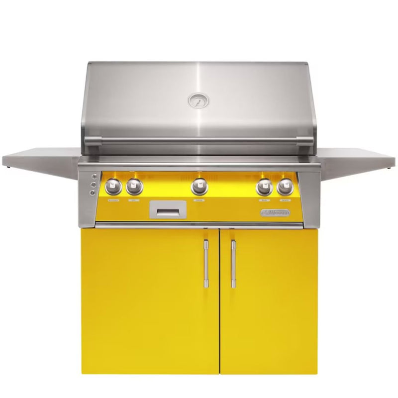 Alfresco freestanding grill with yellow cabinet doors and stainless steel finish