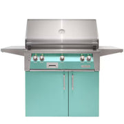 Alfresco freestanding grill with teal cabinet doors and stainless steel finish