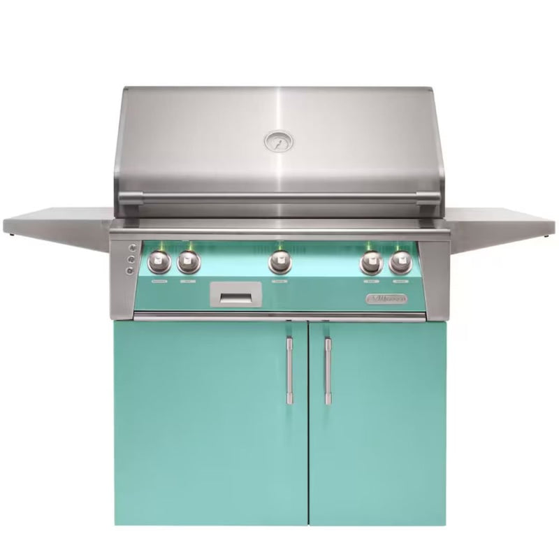 Alfresco freestanding grill with teal cabinet doors and stainless steel finish