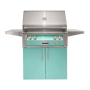 Alfresco freestanding grill with teal cabinet doors and stainless steel finish