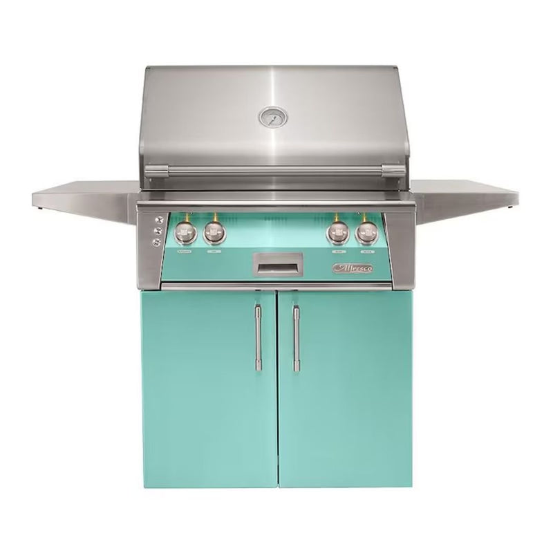 Alfresco freestanding grill with teal cabinet doors and stainless steel finish