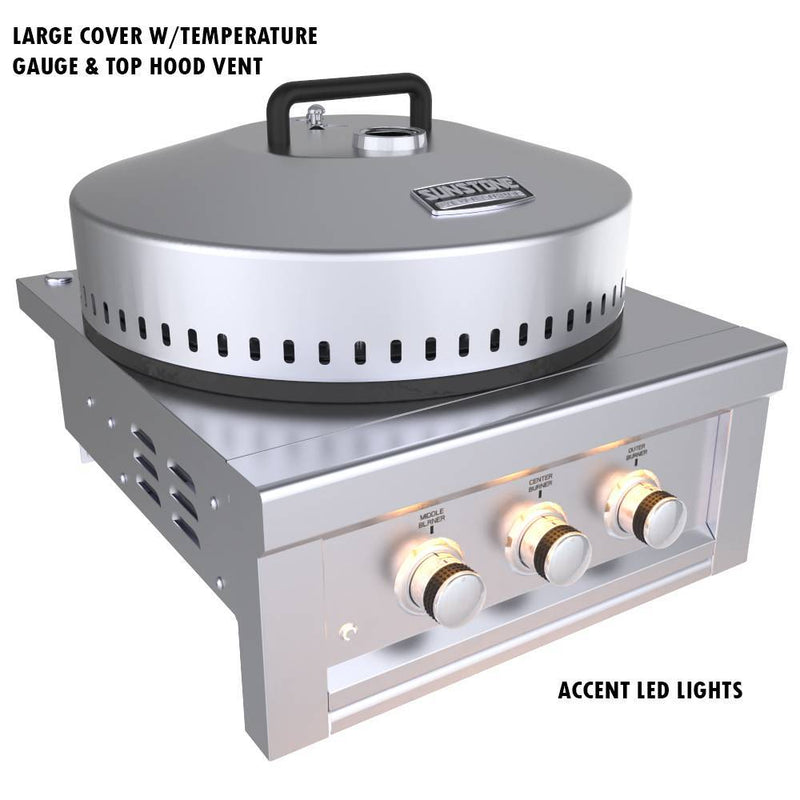 Stainless steel grill with large cover, temperature gauge, top hood vent, and accent LED lights on a white background.