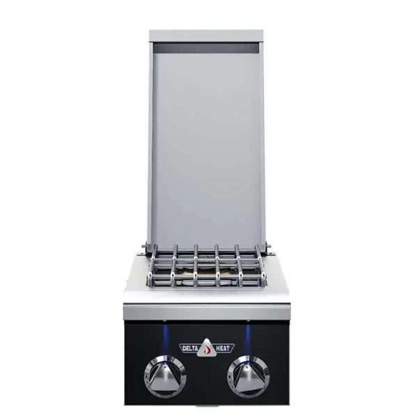 Stainless steel gas range with two burners on a white background