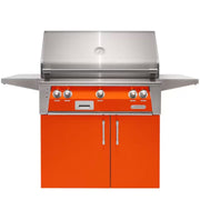 Alfresco freestanding grill with orange cabinet doors and stainless steel finish
