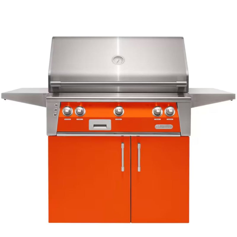 Alfresco freestanding grill with orange cabinet doors and stainless steel finish
