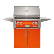 Alfresco freestanding grill with orange cabinet doors and stainless steel finish
