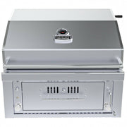 Stainless steel grill with digital temperature display on a white background