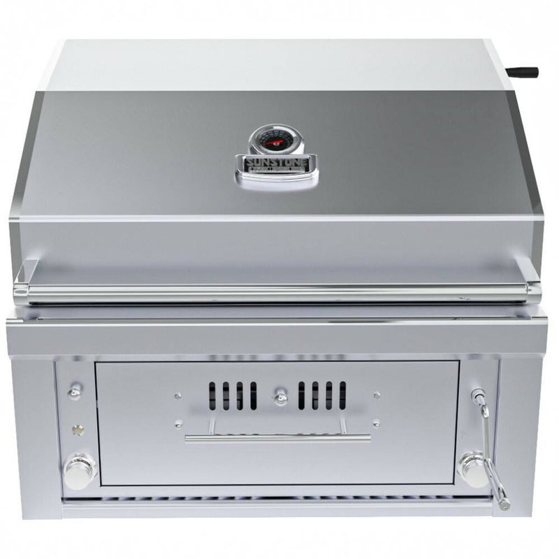 Stainless steel grill with digital temperature display on a white background