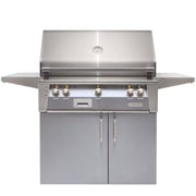 Alfresco freestanding grill with gray cabinet doors and stainless steel finish