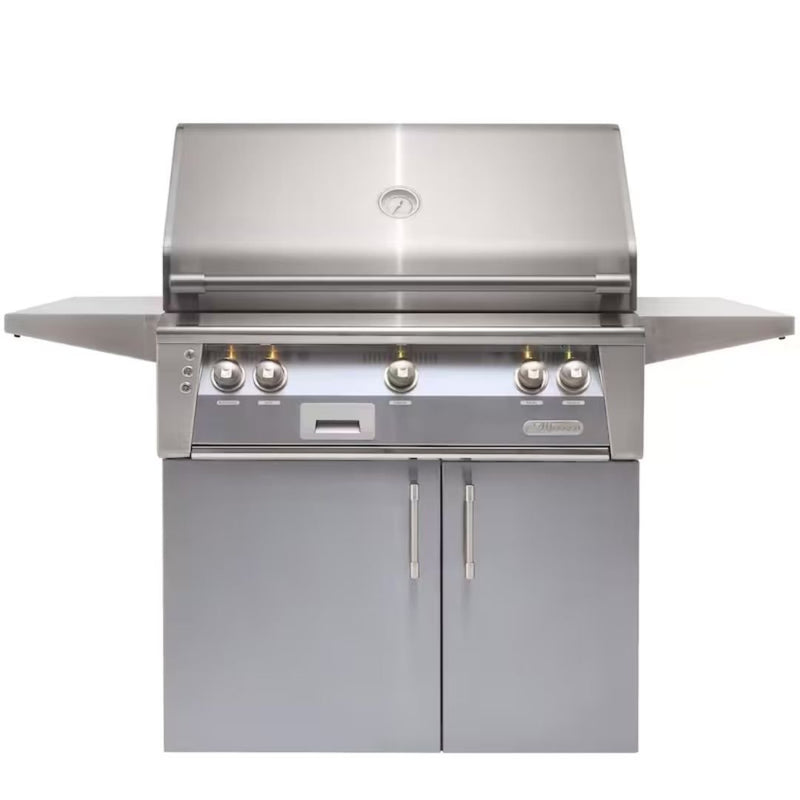 Alfresco freestanding grill with gray cabinet doors and stainless steel finish