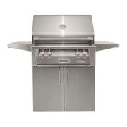 Alfresco freestanding grill with gray cabinet doors and stainless steel finish