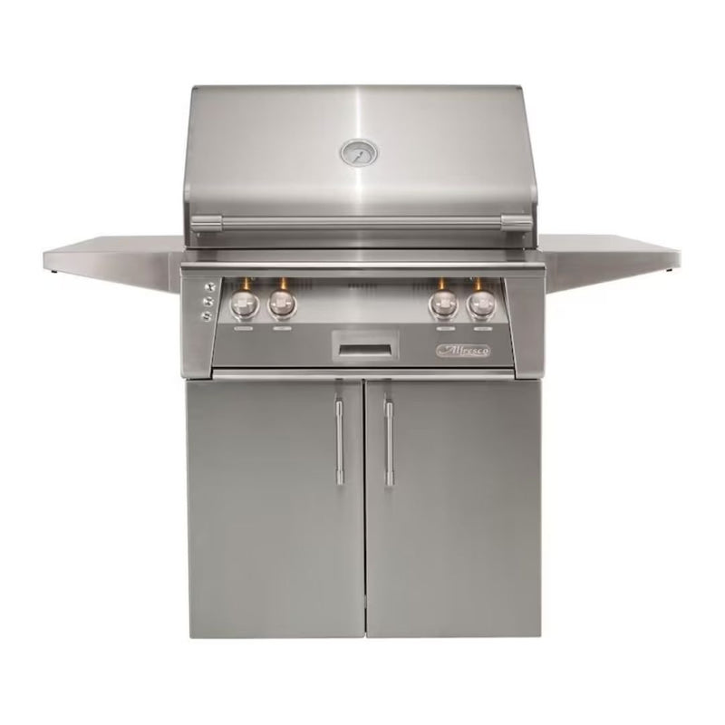 Alfresco freestanding grill with gray cabinet doors and stainless steel finish