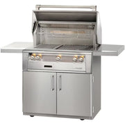 A stainless steel Alfresco standard cart for a 36-inch grill with double doors, side shelves, and casters.
