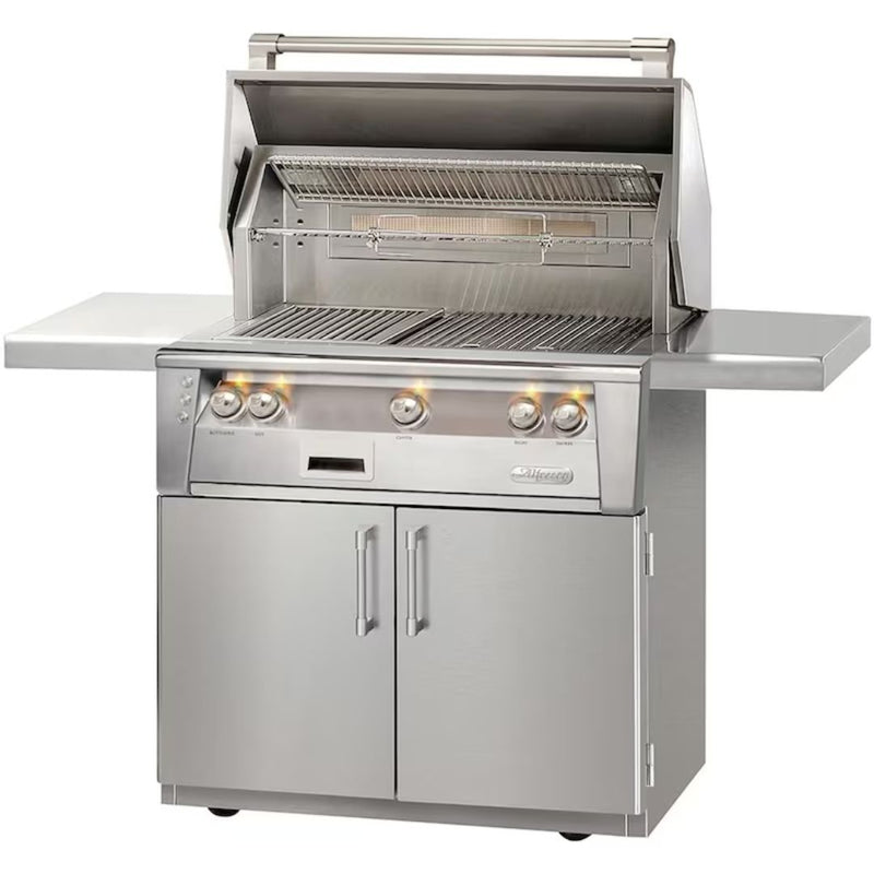 A stainless steel Alfresco standard cart for a 36-inch grill with double doors, side shelves, and casters.