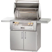 A silver Alfresco Standard Cart for a 30-inch grill, featuring double doors, side shelves, and precision lighting.