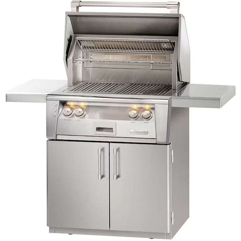 A silver Alfresco Standard Cart for a 30-inch grill, featuring double doors, side shelves, and precision lighting.