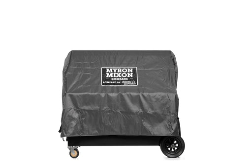 Black grill cover with 'Myron Mixon Smokers' logo on a white background