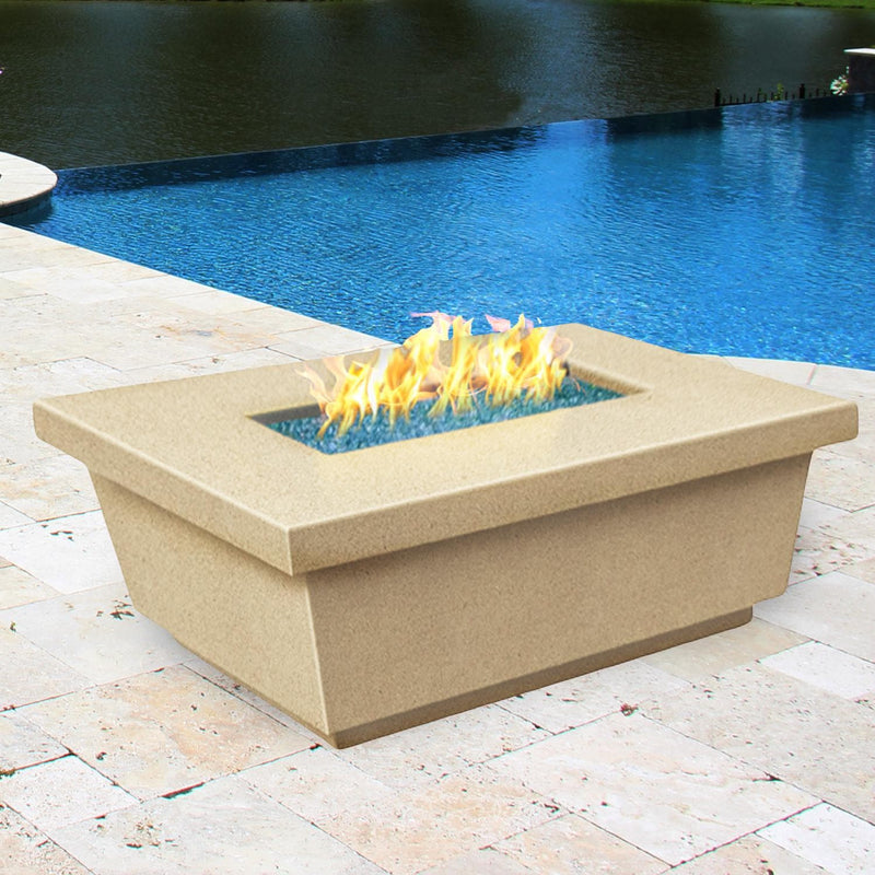 American Fyre Designs Contempo 52 Inch Rectangular GFRC Gas Fire Pit Table in Cafe Blanco