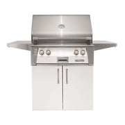 A silver Alfresco Standard Cart for a 30-inch grill, featuring double doors, side shelves, and precision lighting.