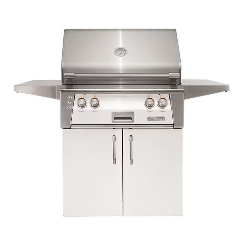 A silver Alfresco Standard Cart for a 30-inch grill, featuring double doors, side shelves, and precision lighting.