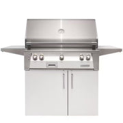 Alfresco freestanding grill with white cabinet doors and stainless steel finish