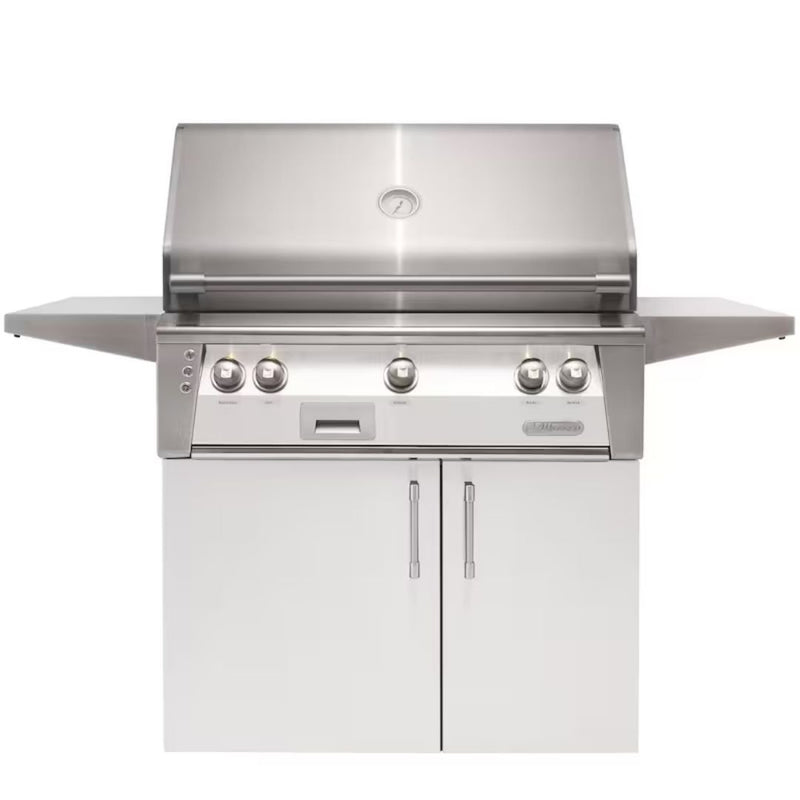 Alfresco freestanding grill with white cabinet doors and stainless steel finish