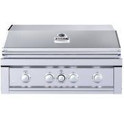 Stainless steel grill with control knobs on a white background