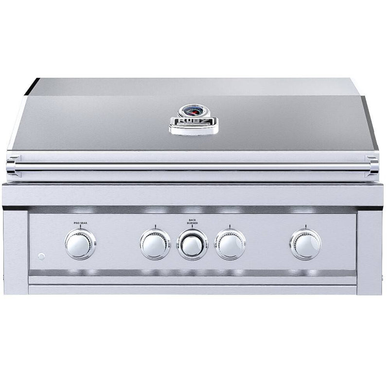 Stainless steel grill with control knobs on a white background