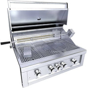 Stainless steel barbecue grill with multiple burners on a white background