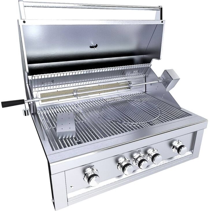 Stainless steel barbecue grill with multiple burners on a white background