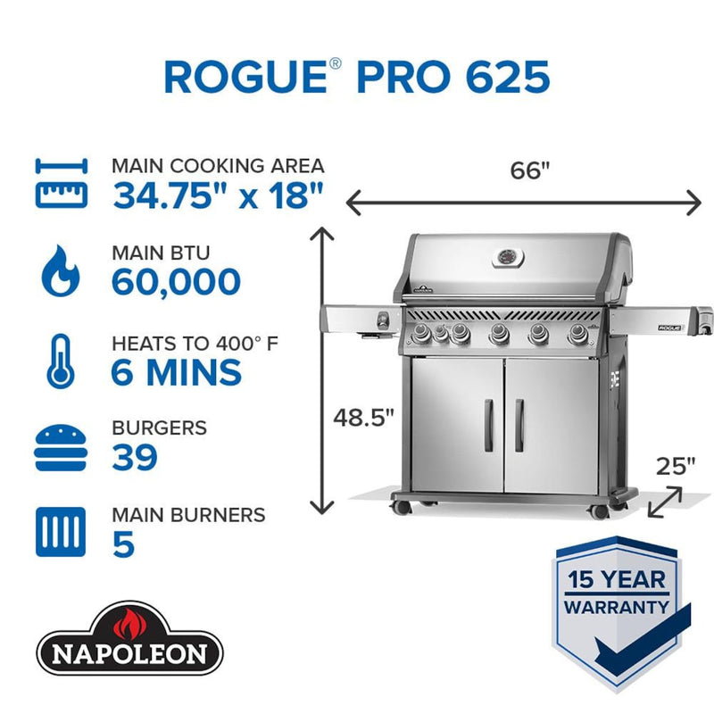 Napoleon Rogue Pro 625 grill with specifications and dimensions on a white background