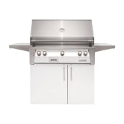 Alfresco freestanding grill with white cabinet doors and stainless steel finish