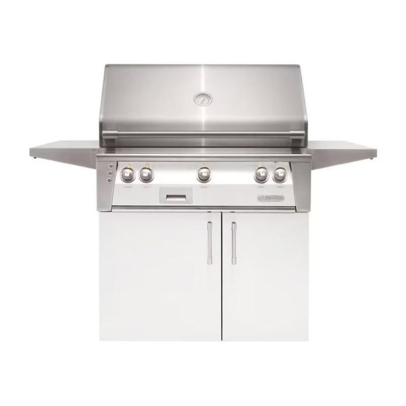 Alfresco freestanding grill with white cabinet doors and stainless steel finish
