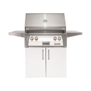 Alfresco freestanding stainless steel grill in white with side shelves and storage cabinet