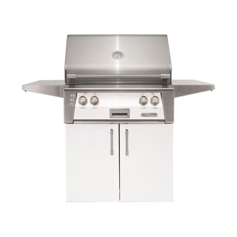 Alfresco freestanding stainless steel grill in white with side shelves and storage cabinet