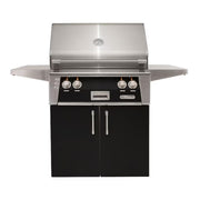 A silver Alfresco Standard Cart for a 30-inch grill in black, featuring double doors, side shelves, and precision lighting.