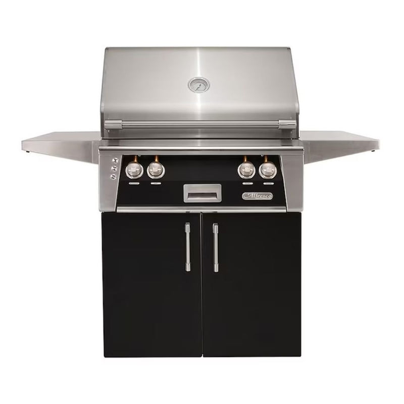 A silver Alfresco Standard Cart for a 30-inch grill in black, featuring double doors, side shelves, and precision lighting.