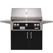 Alfresco freestanding grill with black cabinet doors and stainless steel finish