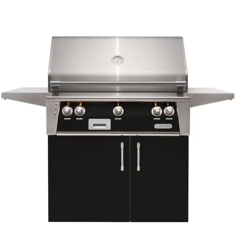 Alfresco freestanding grill with black cabinet doors and stainless steel finish