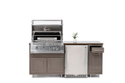 Outdoor kitchen with grill and refrigerator on a white background