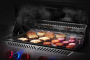 Grill with food being cooked inside, showing smoke and flames.