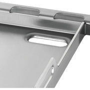 Close-up of a stainless steel grill pan with handles on a white background