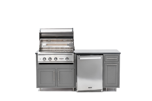 Outdoor kitchen grill and refrigerator combo on a white background