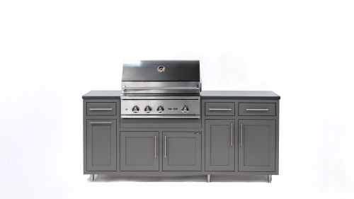 Outdoor kitchen with a grill on a white background