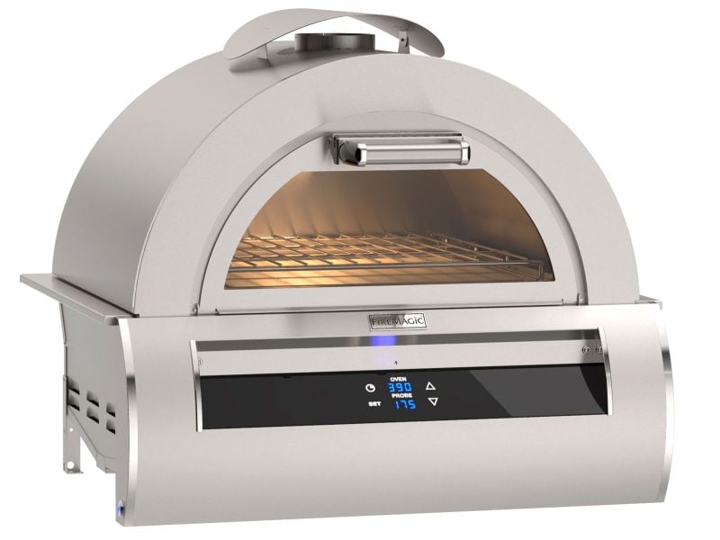 Stainless steel pizza oven with digital display on a white background
