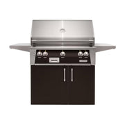 Alfresco freestanding grill with black cabinet doors and stainless steel finish