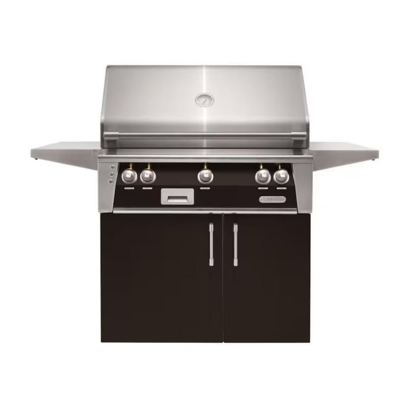 Alfresco freestanding grill with black cabinet doors and stainless steel finish